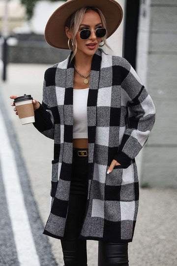 Plaid Checkered Cardigan with Pocket