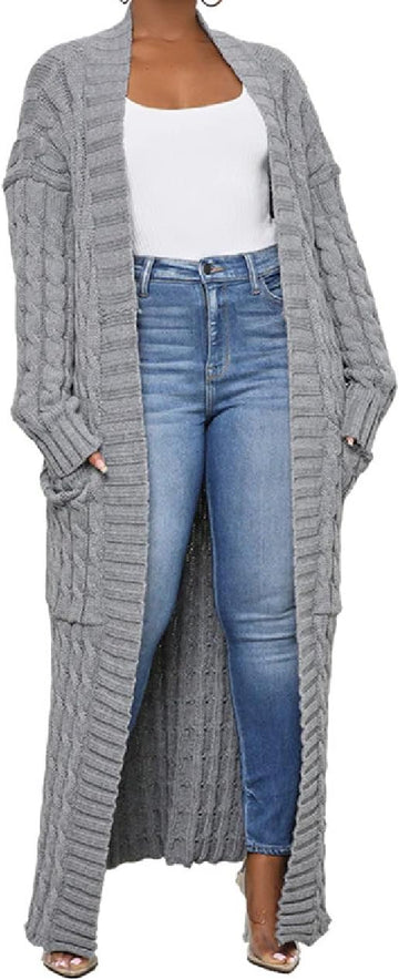 Long Cable-Knit Open Front Cardigan with Pockets