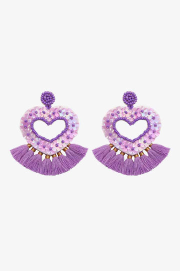 Lavender Boho Style Heart Tassel Earrings